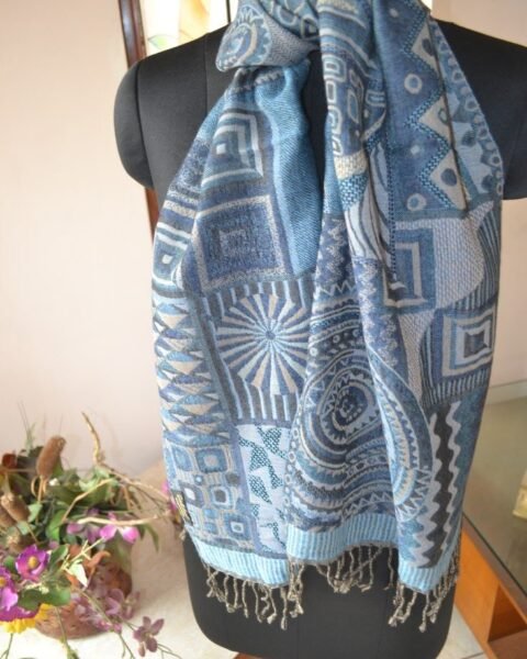 Blue Pashmina Jacquard Scarf 100% Wool Abstract Design Reversible