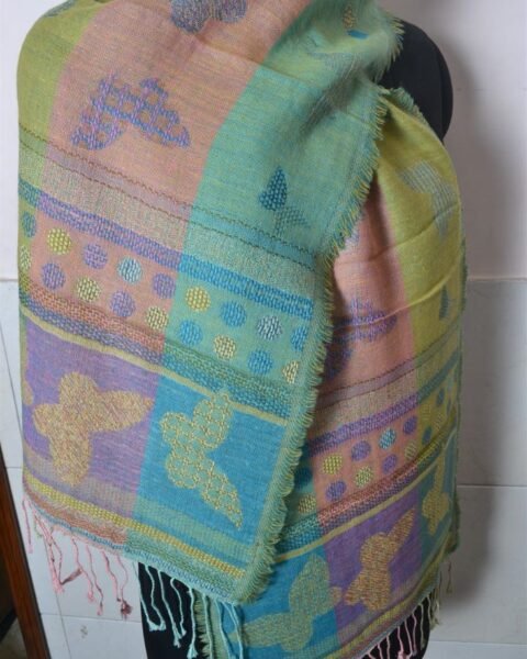 Multicolor Jacquard Weave Scarf 100% Wool Butterfly Reversible Pashmina