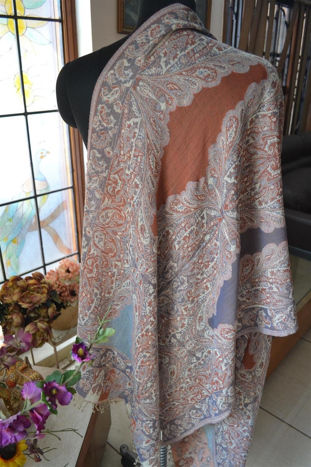 Reversible Jamavar Pashmina Stole 100% Wool Jacquard Scarf