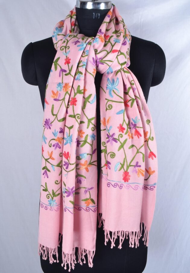 Handmade Kashmiri Pashmina Floral Crewel Embroidery 100% Cashmere Stole