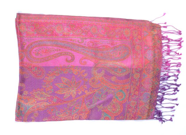 Pink & Purple Jacquard Paisley Scarf Lightweight Iridescent 100% Silk Wrap