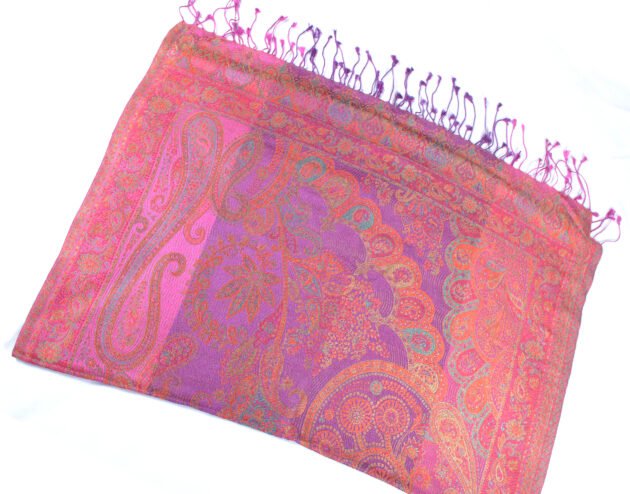 Pink & Purple Jacquard Paisley Scarf Lightweight Iridescent 100% Silk Wrap