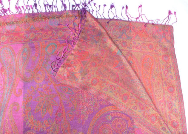 Pink & Purple Jacquard Paisley Scarf Lightweight Iridescent 100% Silk Wrap