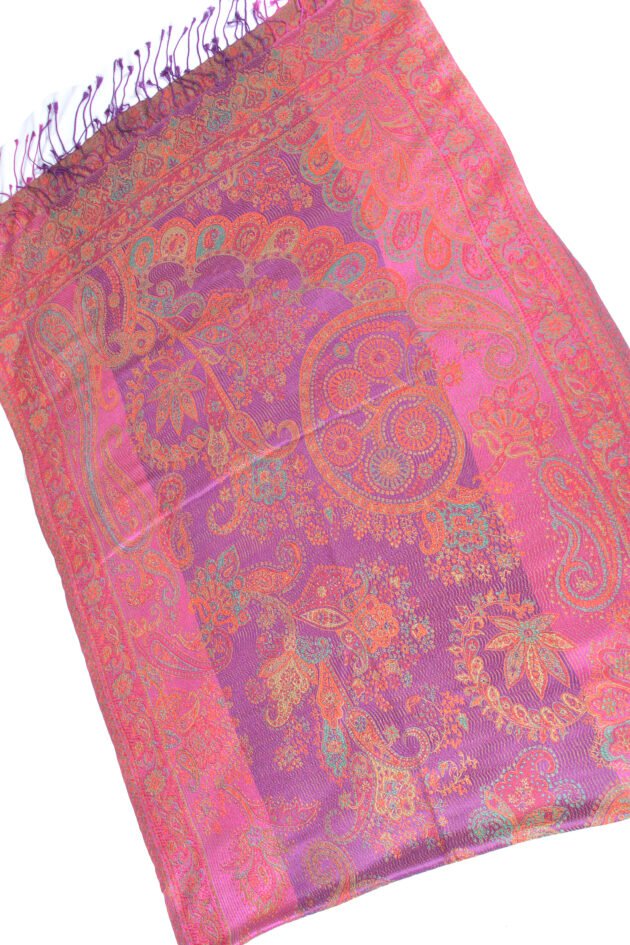 Pink & Purple Jacquard Paisley Scarf Lightweight Iridescent 100% Silk Wrap
